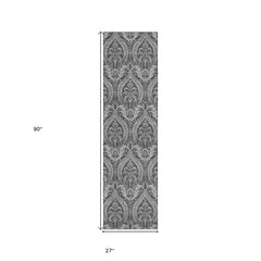 8' Runner Gray Damask Washable Non Skid Indoor Outdoor Runner Rug