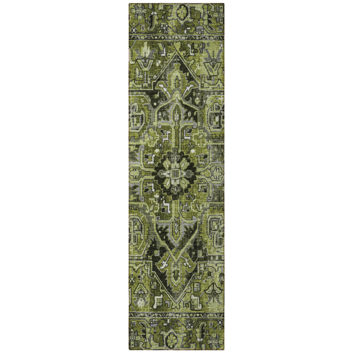 8' Runner Olive Green and Dark Green Oriental Washable Non Skid Indoor Outdoor Runner Rug