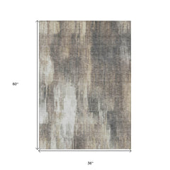 3' X 5' Taupe and Gray Abstract Washable Non Skid Indoor Outdoor Area Rug