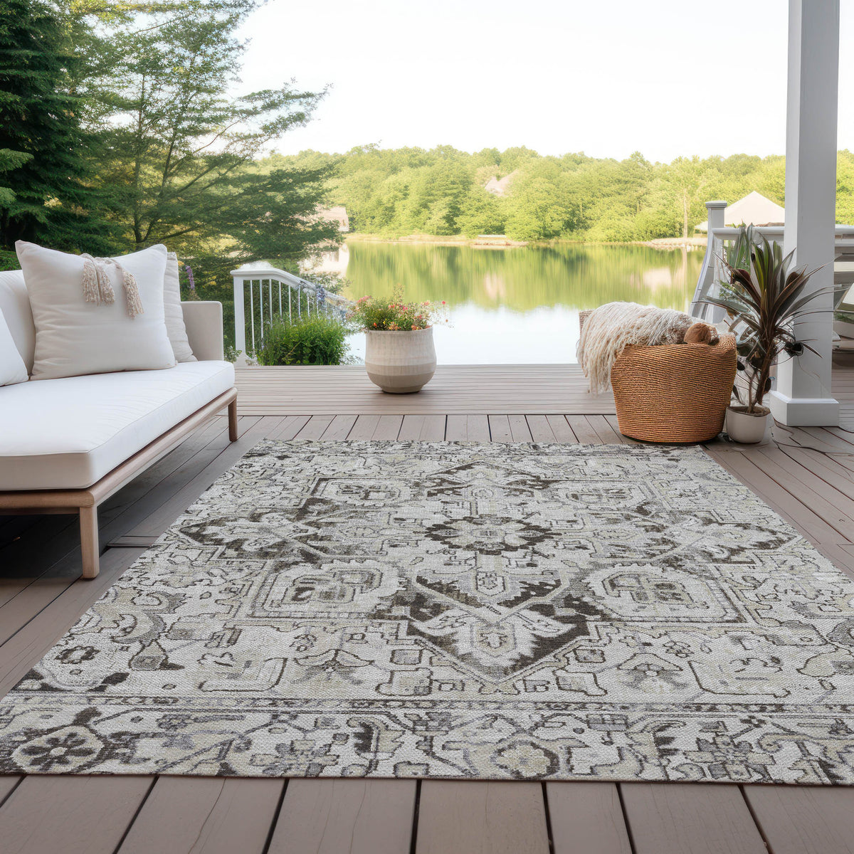 10' X 14' Ivory and Dark Brown Oriental Washable Non Skid Indoor Outdoor Area Rug