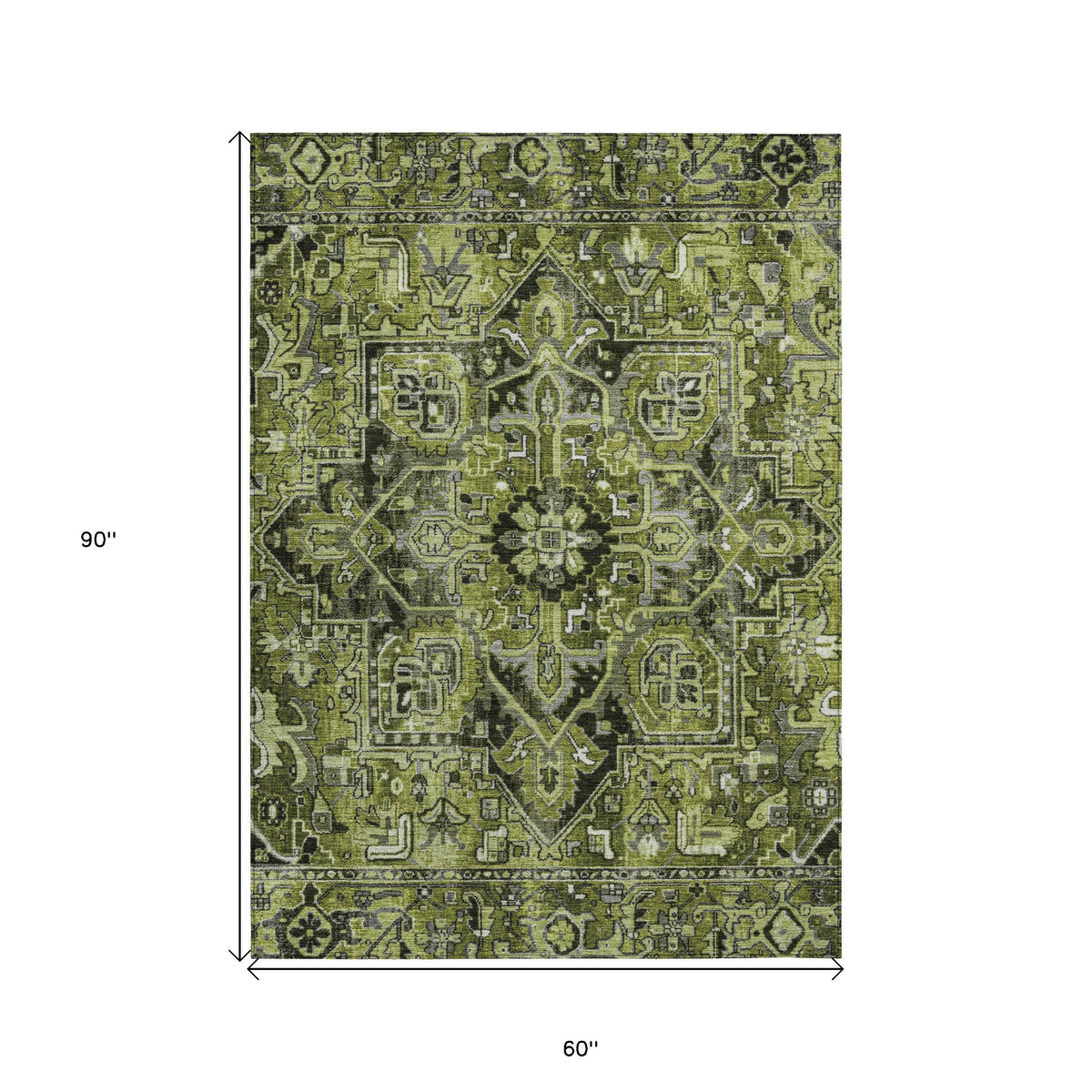 5' X 8' Olive Green and Dark Green Oriental Washable Non Skid Indoor Outdoor Area Rug