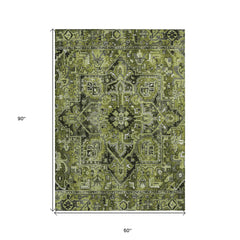 5' X 8' Olive Green and Dark Green Oriental Washable Non Skid Indoor Outdoor Area Rug