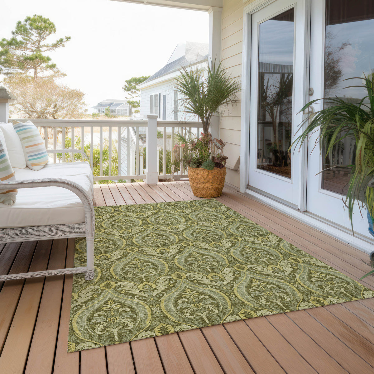 10' X 14' Green Damask Washable Non Skid Indoor Outdoor Area Rug