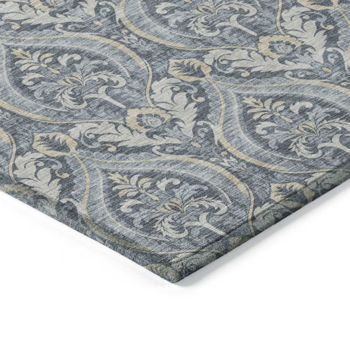 8' Runner Blue and Cream Damask Washable Non Skid Indoor Outdoor Runner Rug