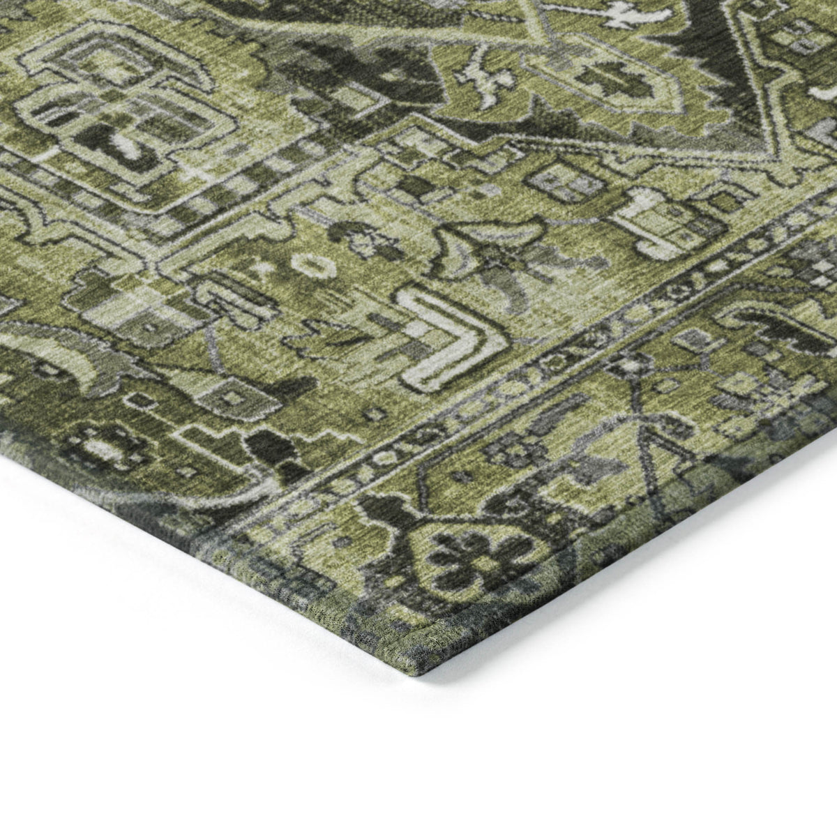 8' Round Olive Green and Dark Green Round Oriental Washable Non Skid Indoor Outdoor Area Rug