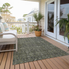 9' X 12' Moss Green and Gray Floral Washable Non Skid Indoor Outdoor Area Rug