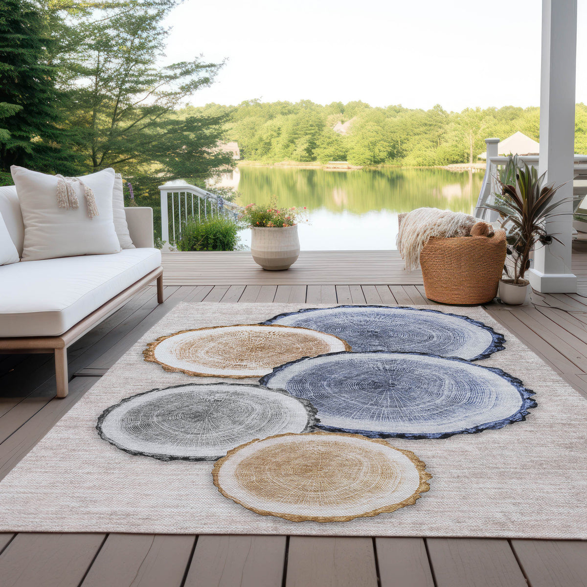 10' X 14' Beige Blue and Gold Faux Bois Washable Non Skid Indoor Outdoor Area Rug