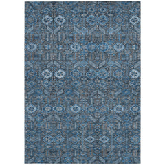 10' X 14' Blue and Black Floral Washable Non Skid Indoor Outdoor Area Rug