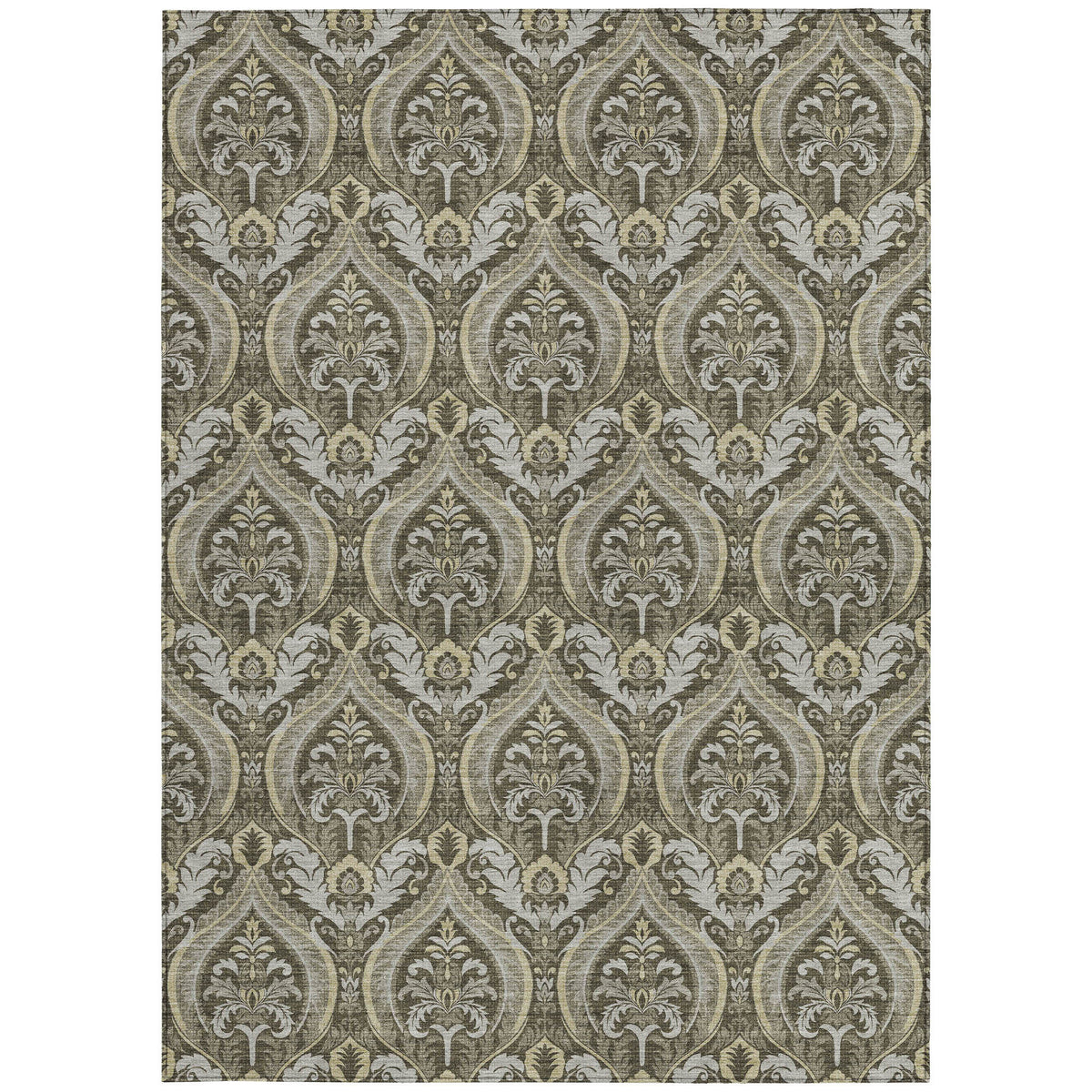 3' X 5' Taupe and Beige Damask Washable Non Skid Indoor Outdoor Area Rug