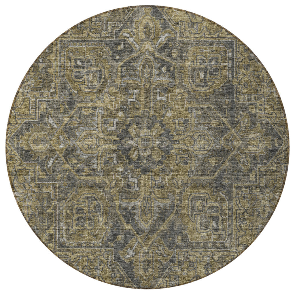 8' Round Dark Moss Green and Gray Round Oriental Washable Non Skid Indoor Outdoor Area Rug