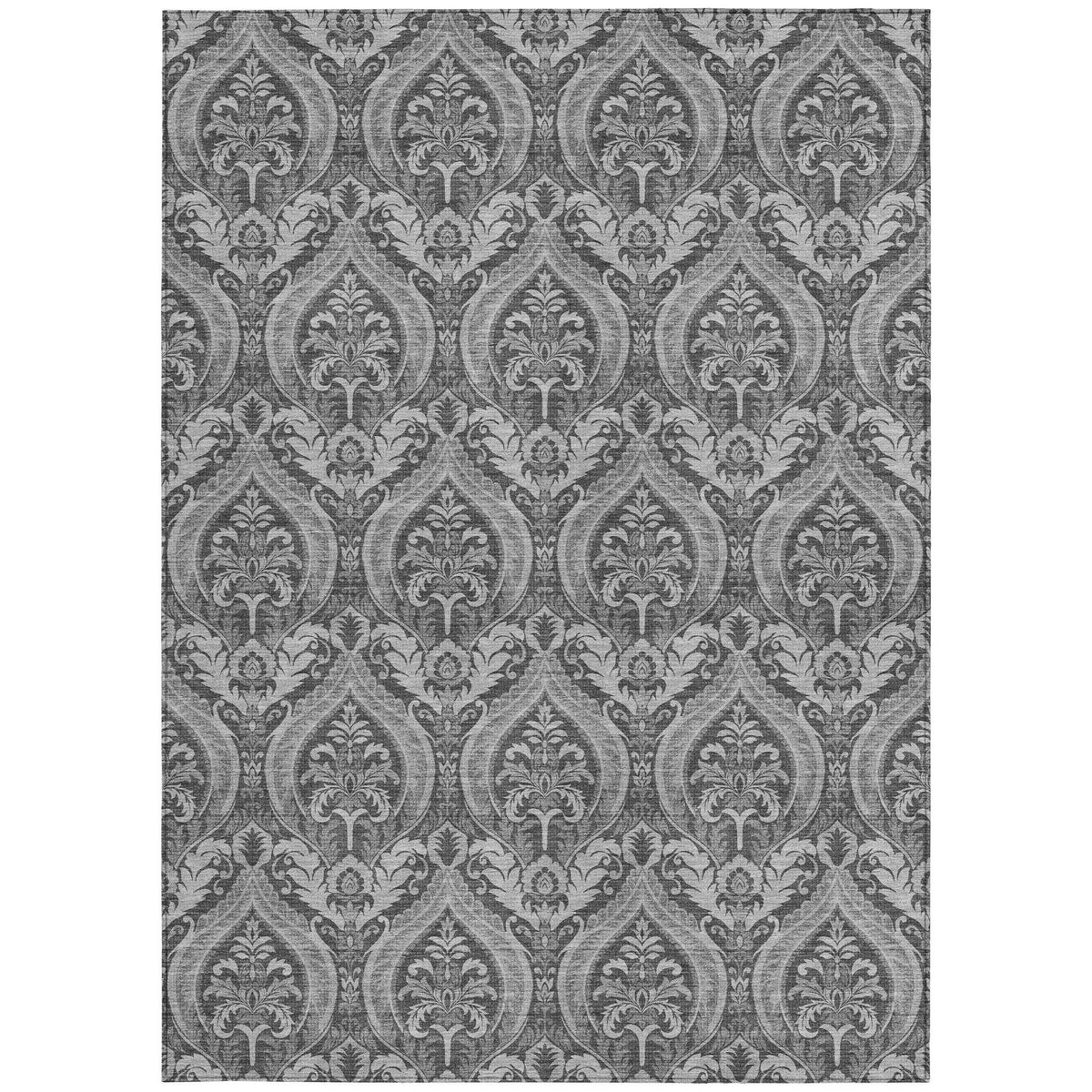 9' X 12' Gray Damask Washable Non Skid Indoor Outdoor Area Rug