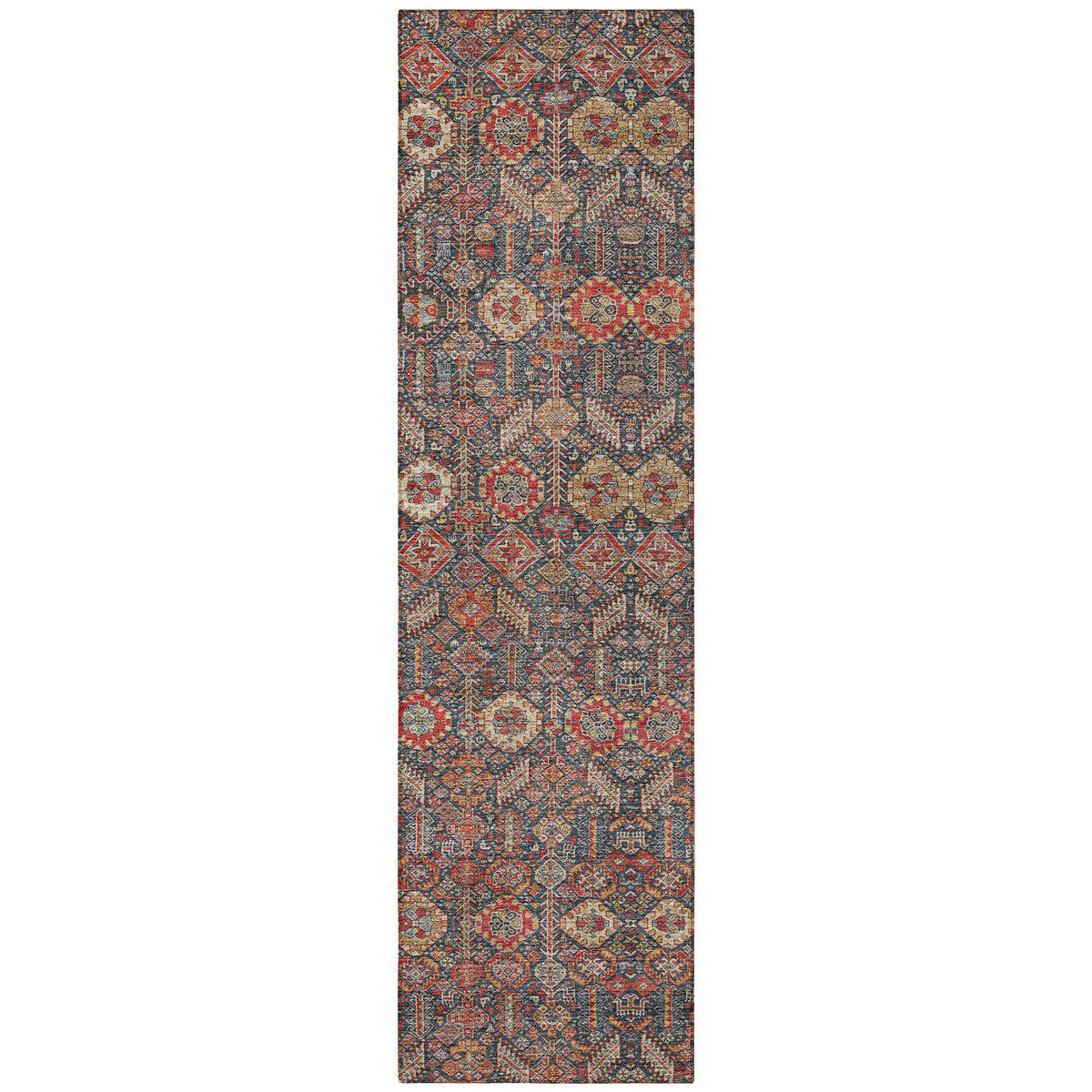 8' Runner Red and Dark Blue Floral Washable Non Skid Indoor Outdoor Runner Rug