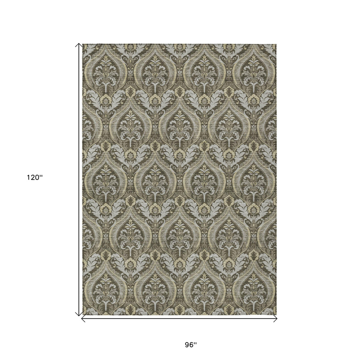 8' X 10' Taupe and Beige Damask Washable Non Skid Indoor Outdoor Area Rug