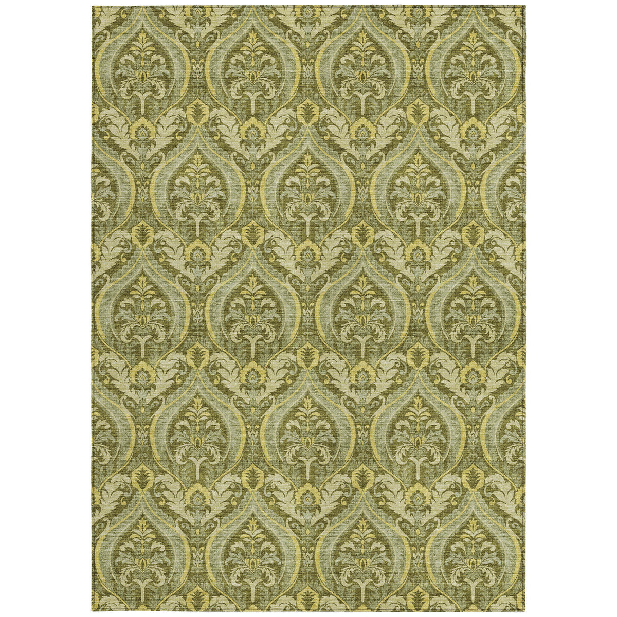 5' X 8' Green Damask Washable Non Skid Indoor Outdoor Area Rug