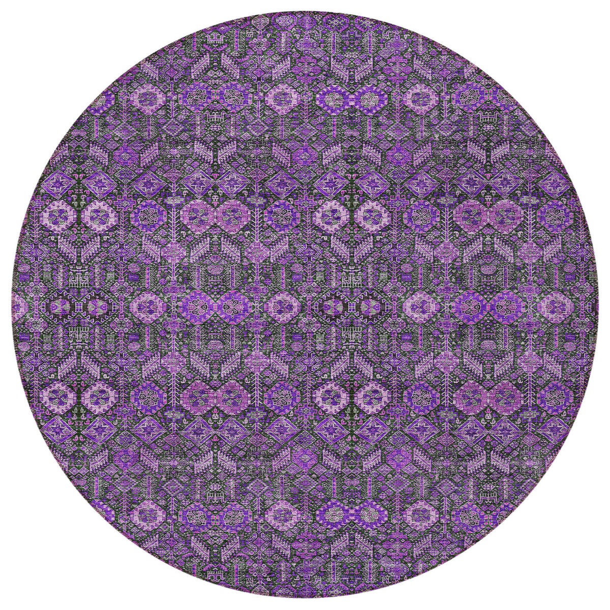 8' Round Purple and Green Round Floral Washable Non Skid Indoor Outdoor Area Rug