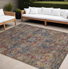 8' X 10' Red Orange and Blue Oriental Washable Non Skid Indoor Outdoor Area Rug