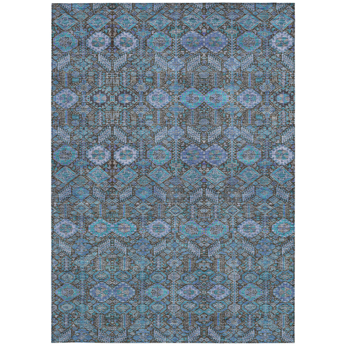 10' X 14' Blue and Coffee Floral Washable Non Skid Indoor Outdoor Area Rug