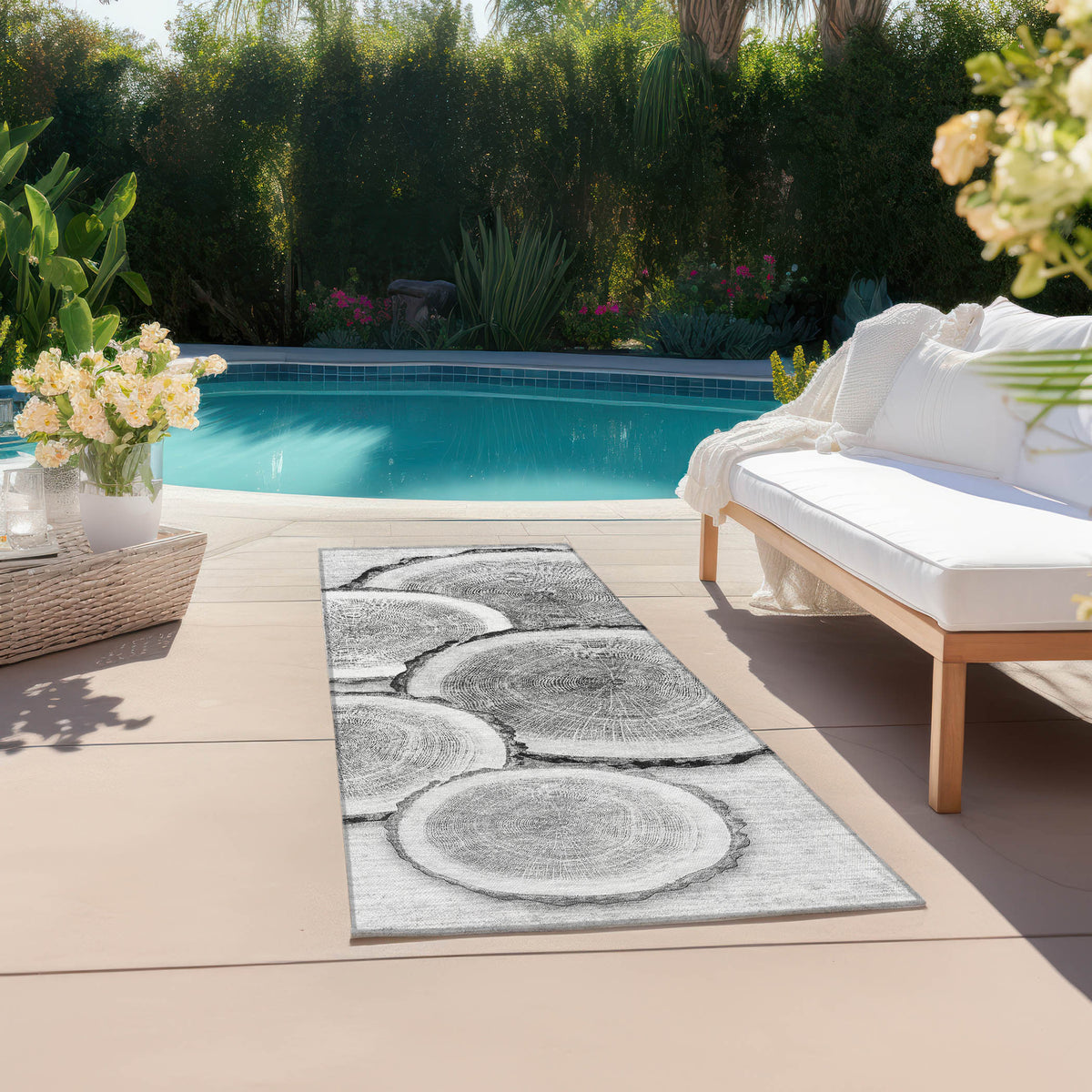 8' Runner Gray and Black Faux Bois Washable Non Skid Indoor Outdoor Runner Rug