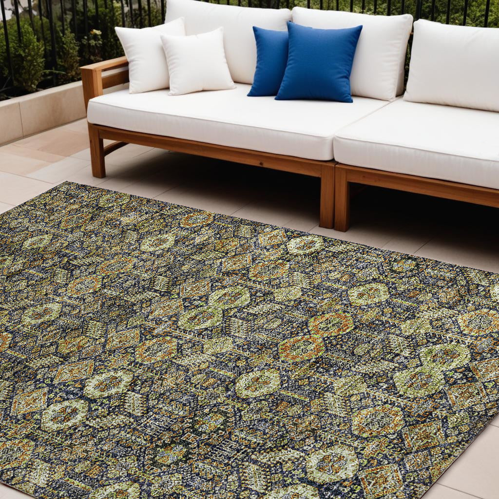 10' X 14' Blue and Orange Floral Washable Non Skid Indoor Outdoor Area Rug