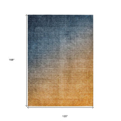 10' X 14' Denim and Gold Ombre Washable Non Skid Indoor Outdoor Area Rug