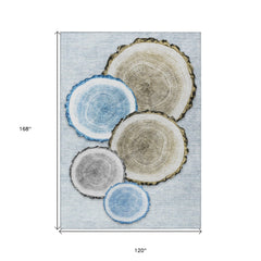 10' X 14' Blue Gold and Gray Faux Bois Washable Non Skid Indoor Outdoor Area Rug