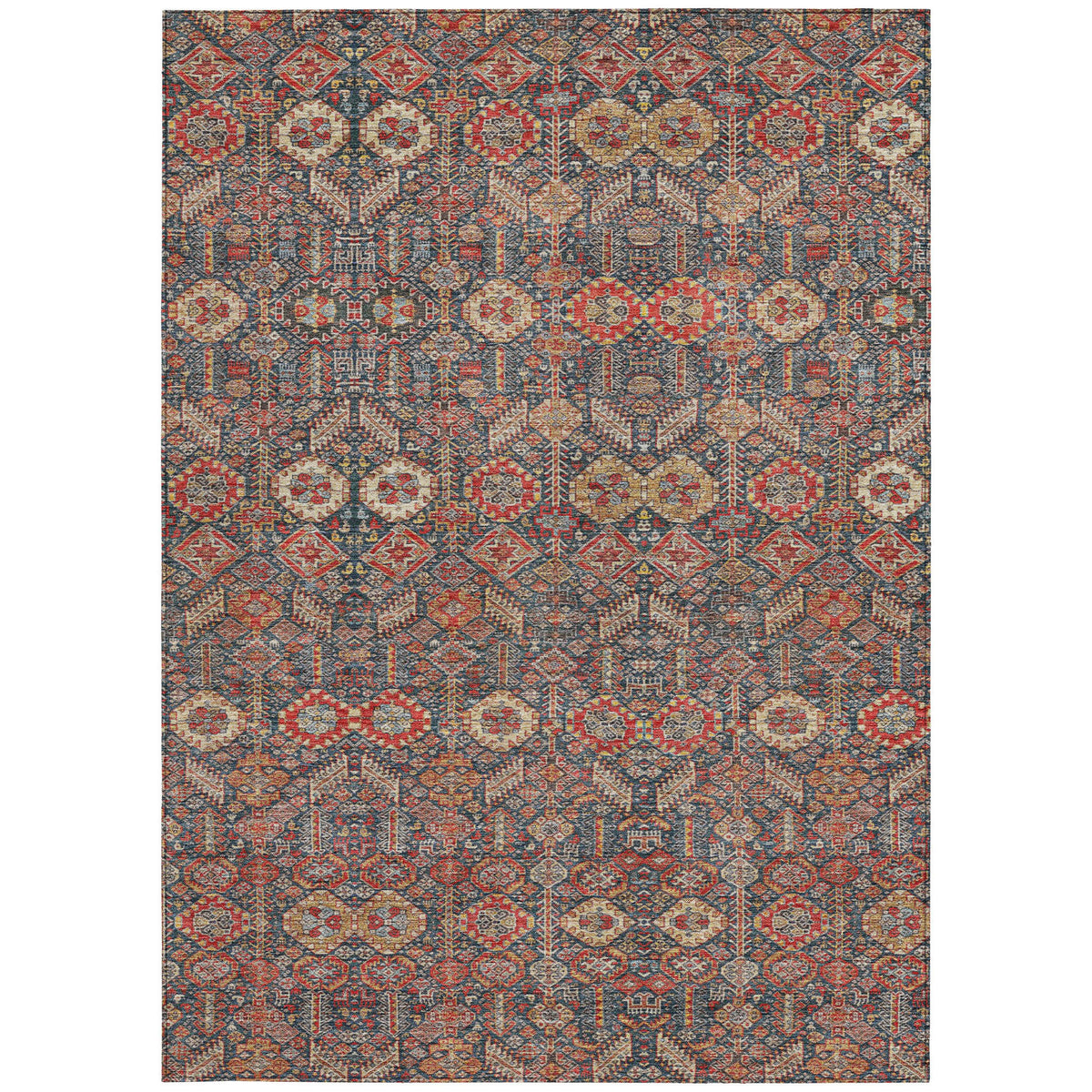 5' X 8' Red and Dark Blue Floral Washable Non Skid Indoor Outdoor Area Rug