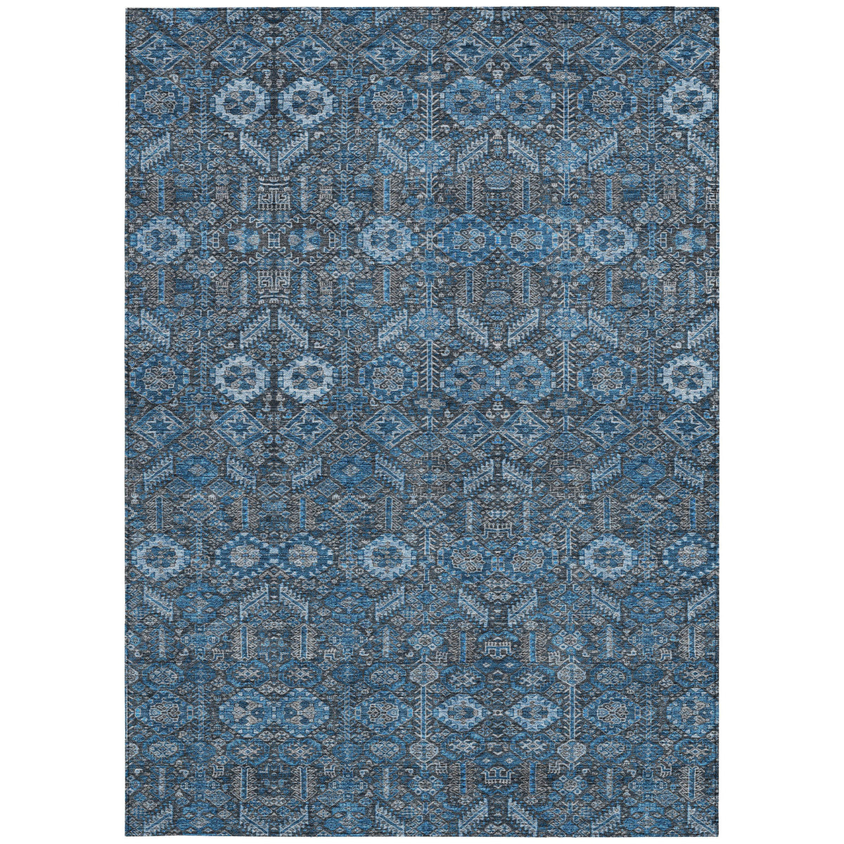 5' X 8' Blue and Black Floral Washable Non Skid Indoor Outdoor Area Rug