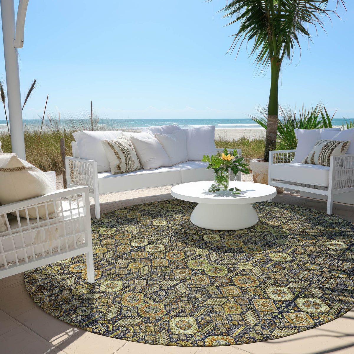 8' Round Blue and Orange Round Floral Washable Non Skid Indoor Outdoor Area Rug