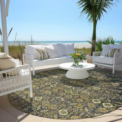 8' Round Blue and Orange Round Floral Washable Non Skid Indoor Outdoor Area Rug