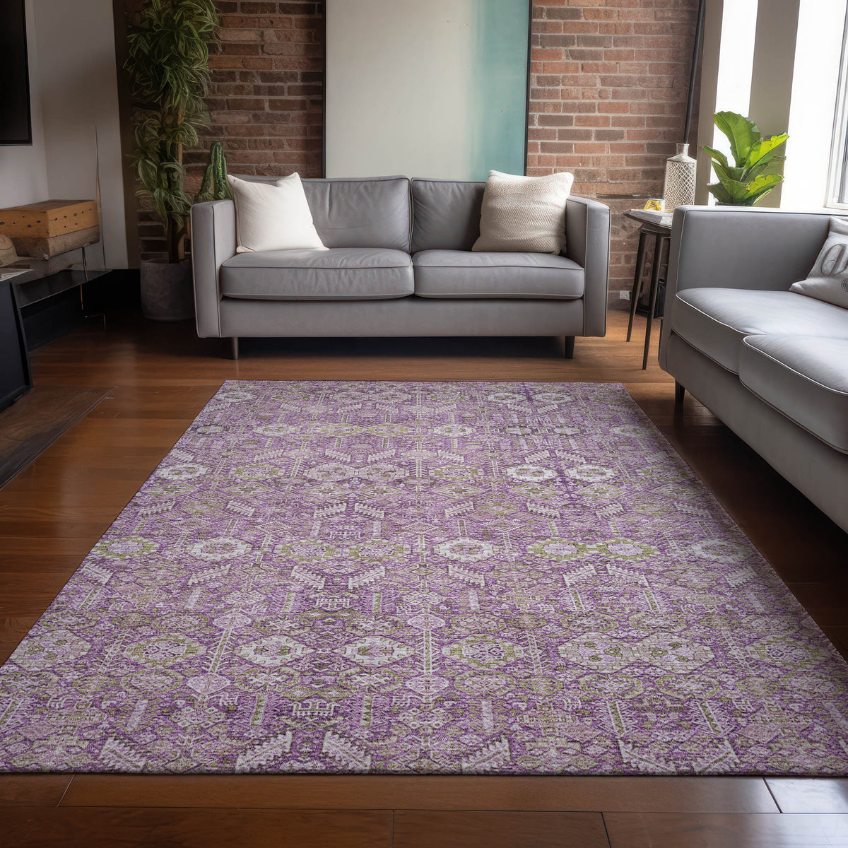 3' X 5' Lavender and Ivory Floral Washable Non Skid Indoor Outdoor Area Rug