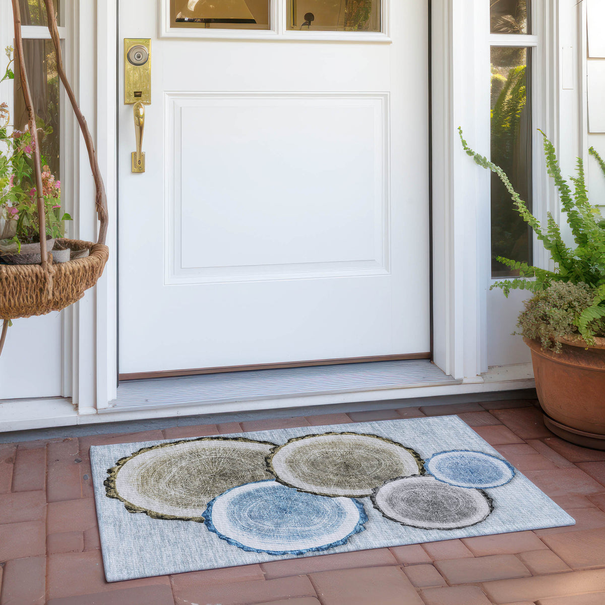 2' X 3' Blue Gold and Gray Faux Bois Washable Non Skid Indoor Outdoor Area Rug