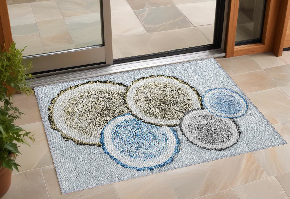 3' X 4' Blue Gold and Gray Faux Bois Washable Non Skid Indoor Outdoor Area Rug