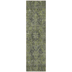 8' Runner Moss Green and Gray Oriental Washable Non Skid Indoor Outdoor Runner Rug