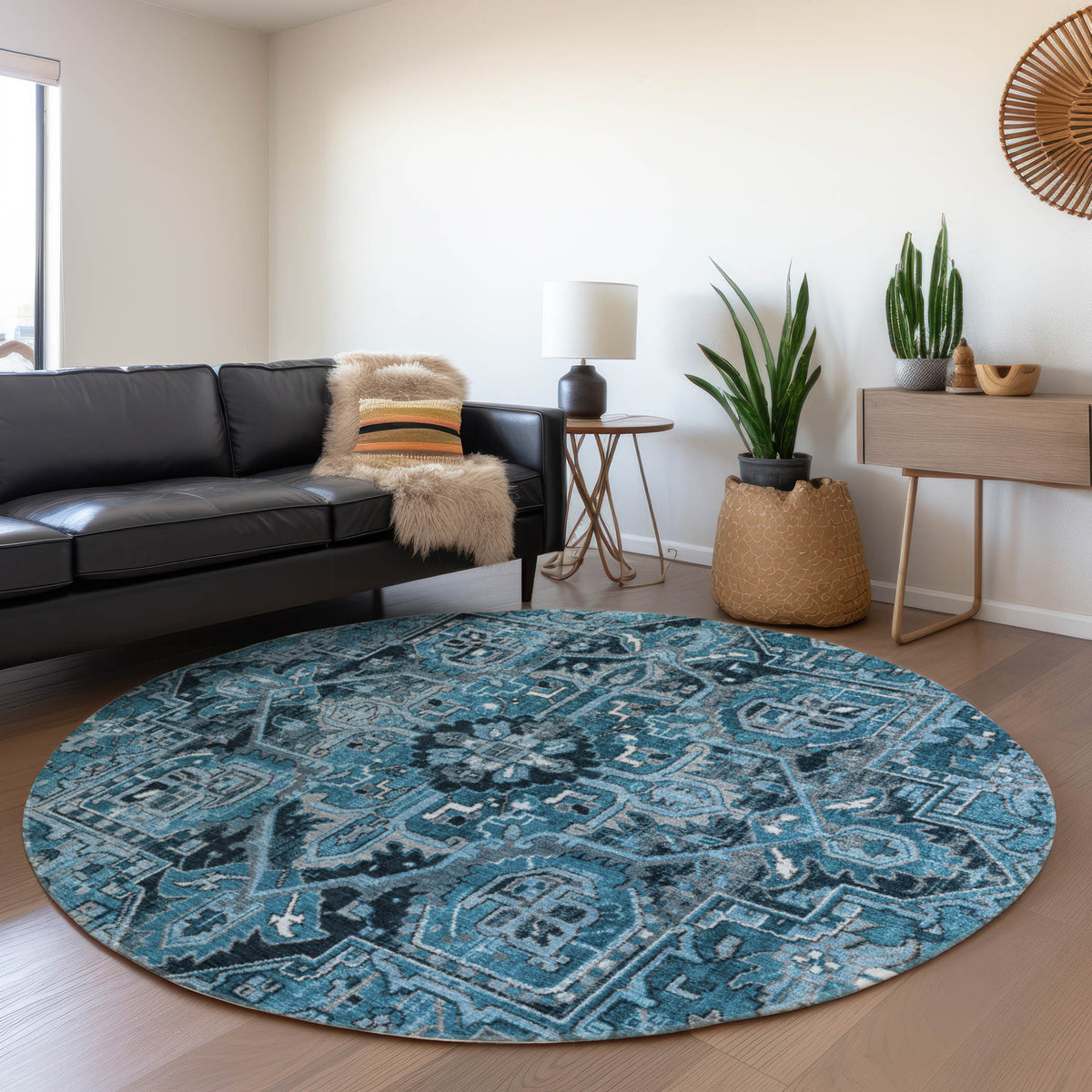 8' Round Denim and Gray Round Oriental Washable Non Skid Indoor Outdoor Area Rug