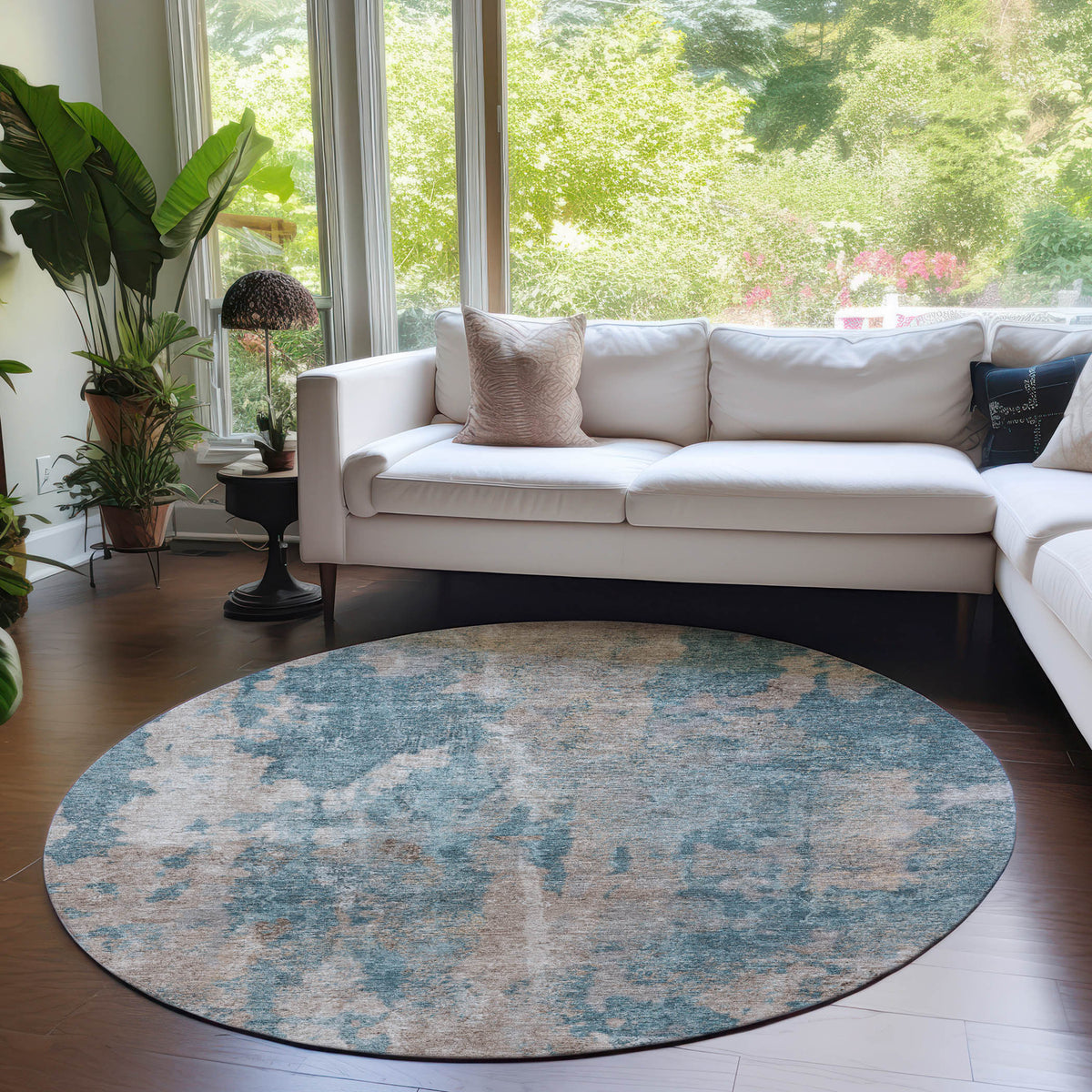 8' Round Teal and Taupe Round Abstract Washable Non Skid Indoor Outdoor Area Rug