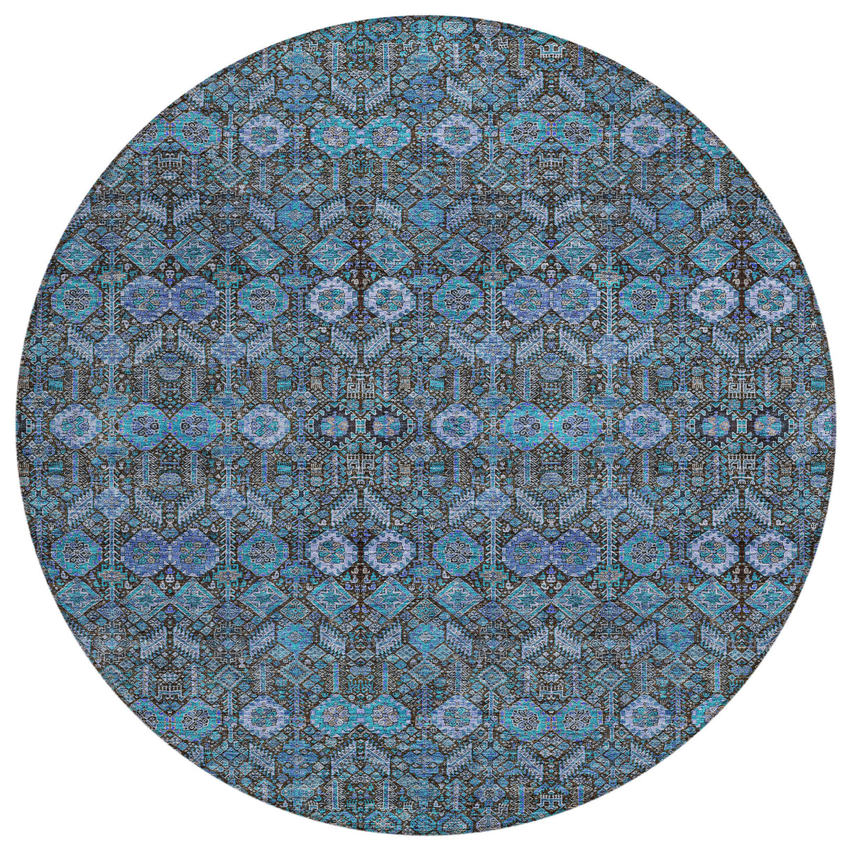 8' Teal Round Floral Washable Non Skid Area Rug With UV Protection