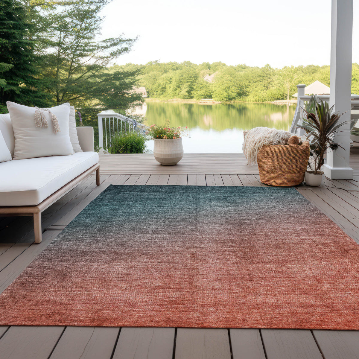 3' X 5' Gray and Red Orange Ombre Washable Non Skid Indoor Outdoor Area Rug