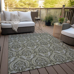 3' X 4' Taupe and Beige Damask Washable Non Skid Indoor Outdoor Area Rug