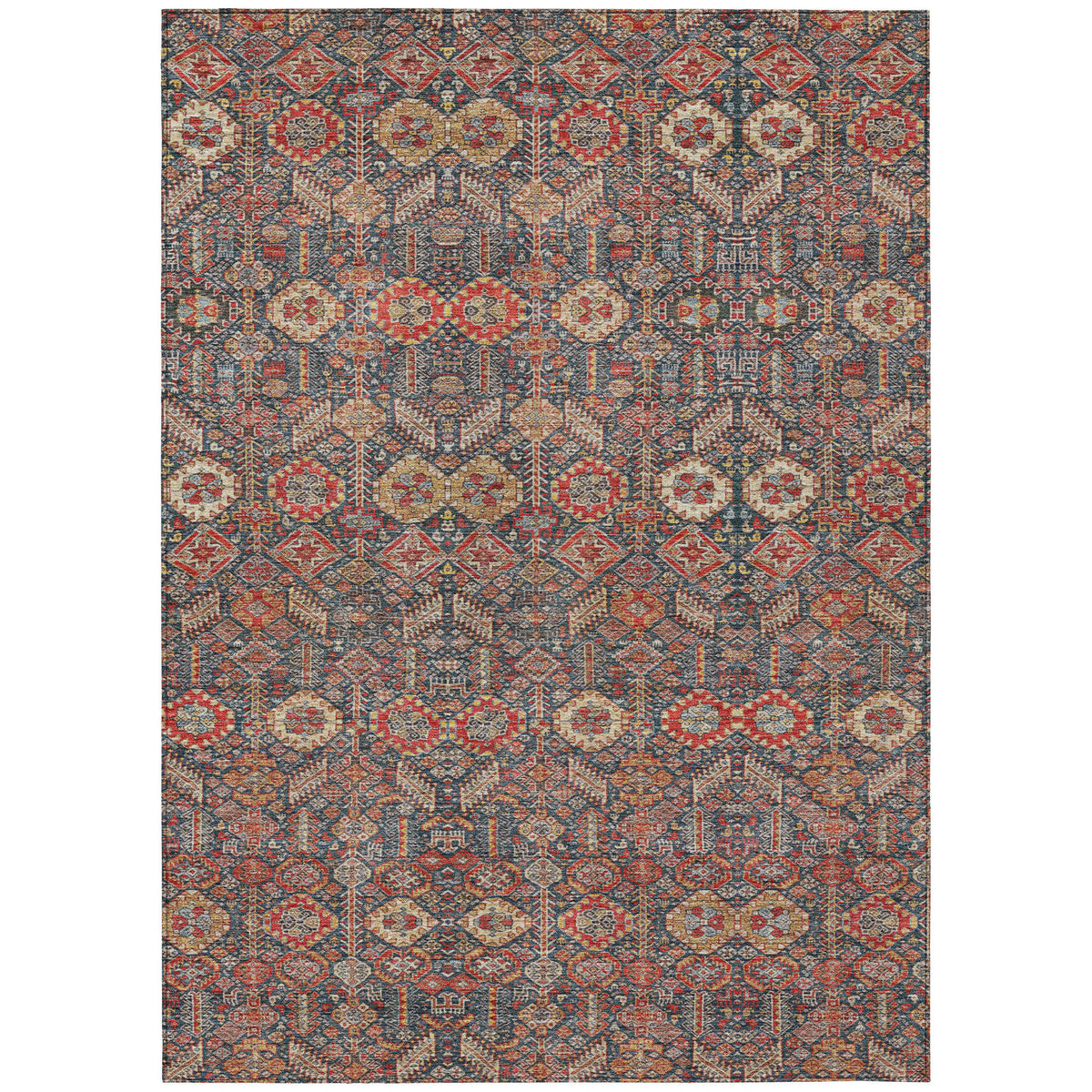 3' X 5' Red and Dark Blue Floral Washable Non Skid Indoor Outdoor Area Rug
