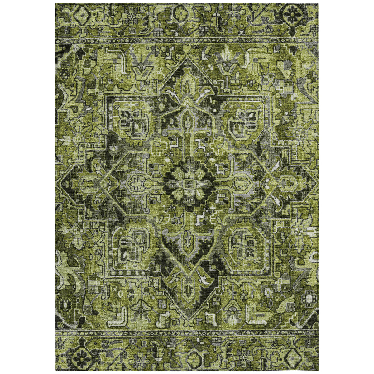 3' X 5' Olive Green and Dark Green Oriental Washable Non Skid Indoor Outdoor Area Rug