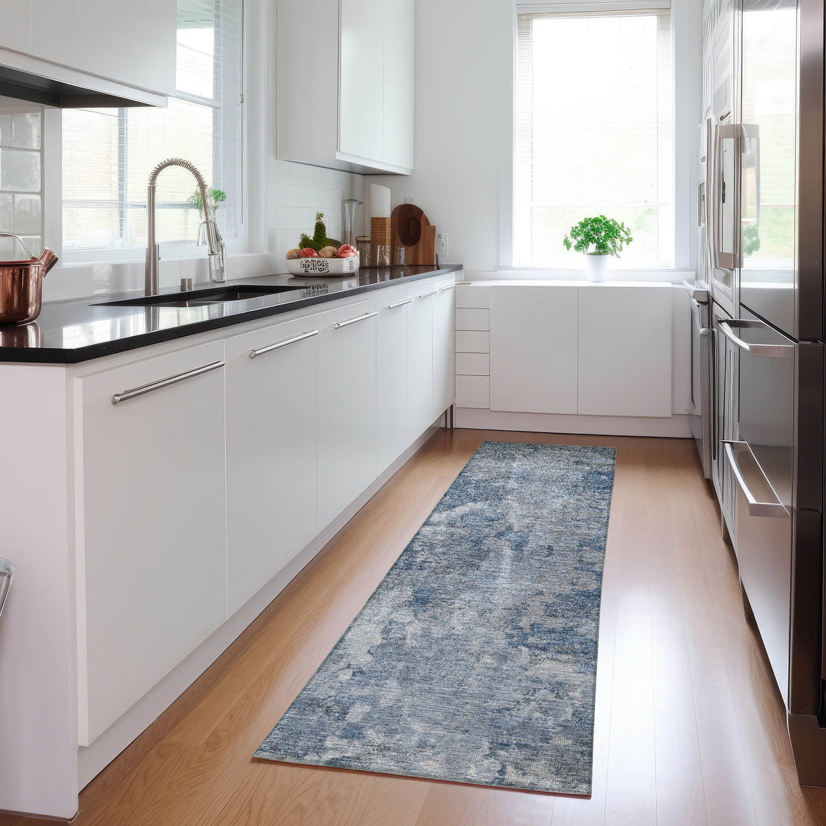8' Runner Blue Abstract Washable Non Skid Indoor Outdoor Runner Rug