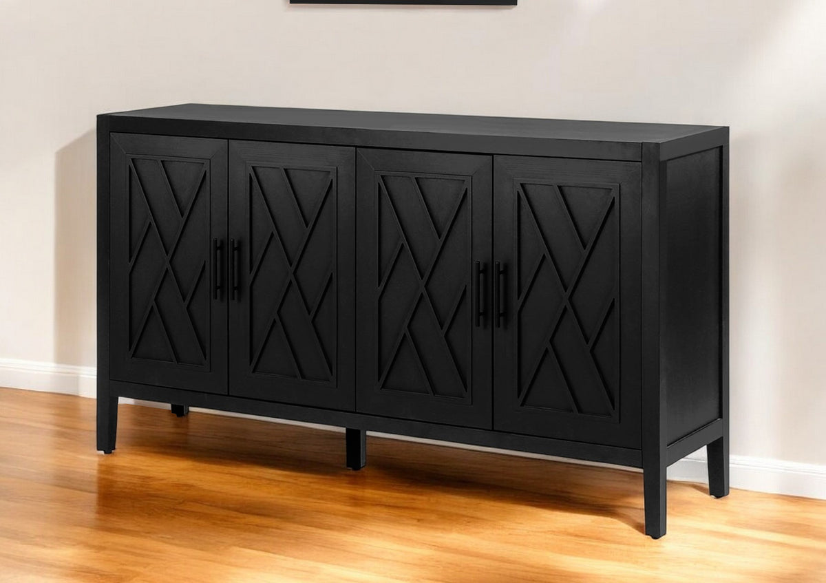 60" Black Distressed Wood Carved Geometric Sideboard with Four Doors