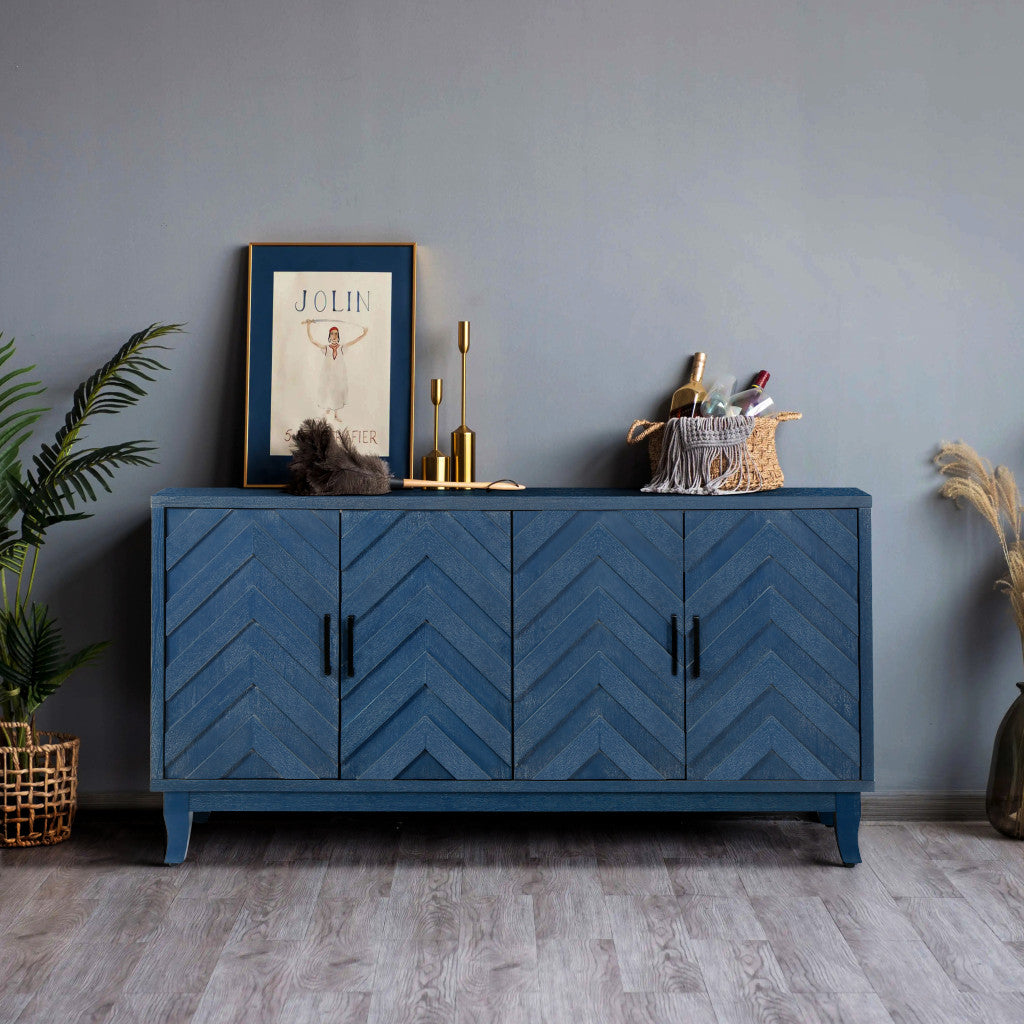 60" Blue Textural Chevron Distressed Wood Sideboard with Four Doors