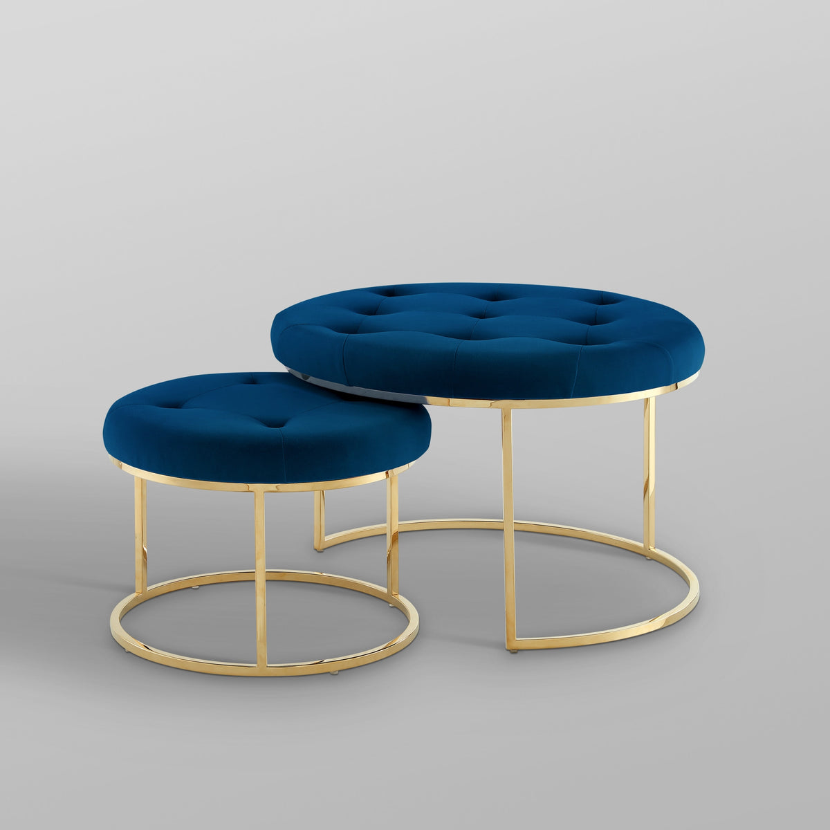 Set of Two Navy Blue Velvet and Gold Tufted Round Ottomans