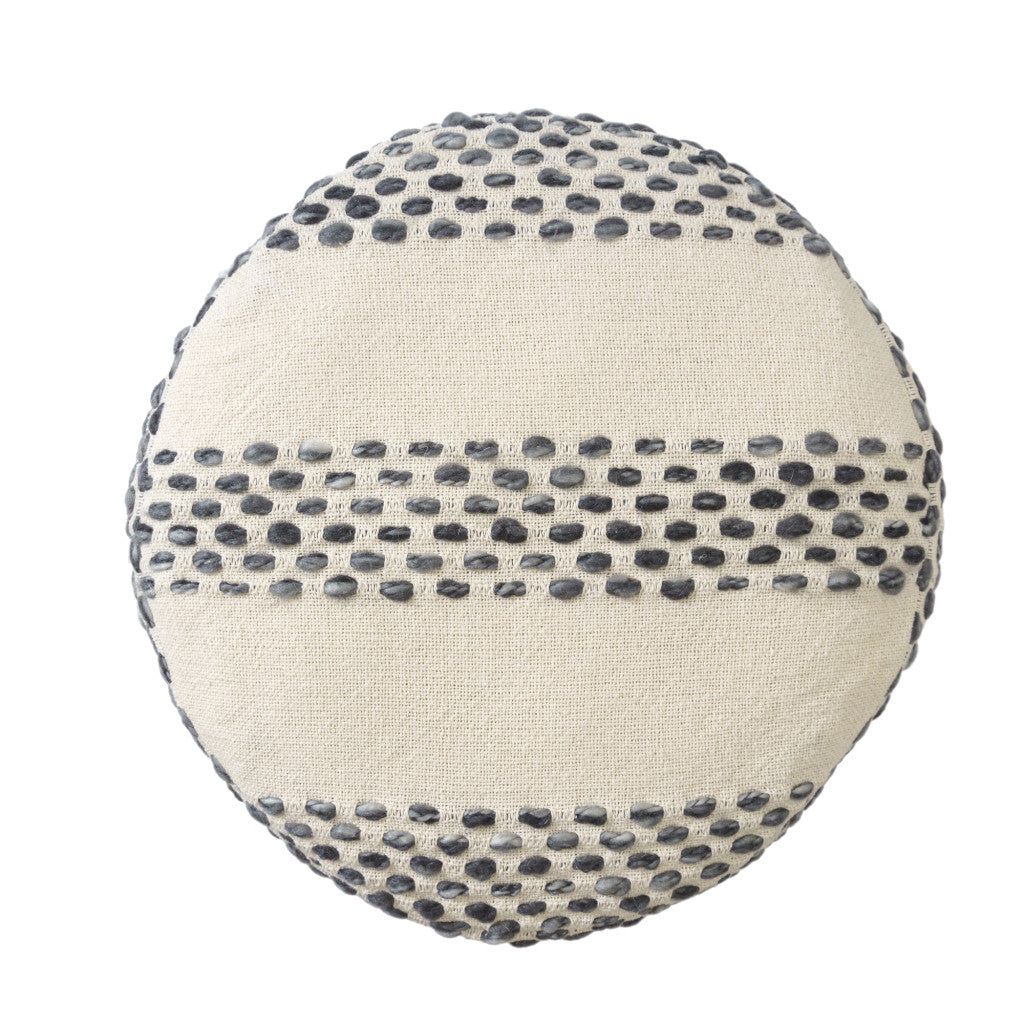 18" Ivory and Blue Cotton Blend Round Striped Pouf Ottoman