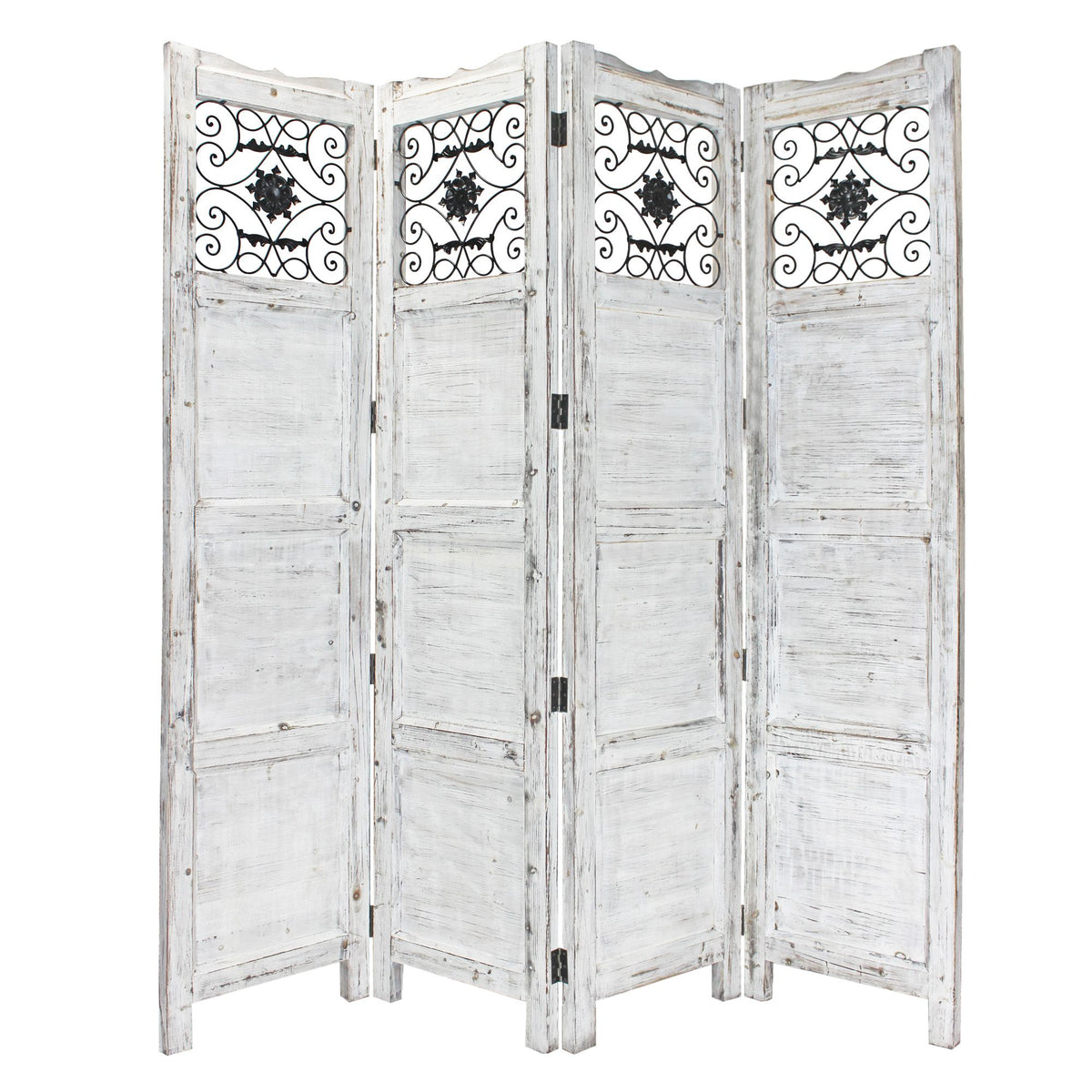 Gray Wash 4 Panel With Scroll Work Room Divider Screen