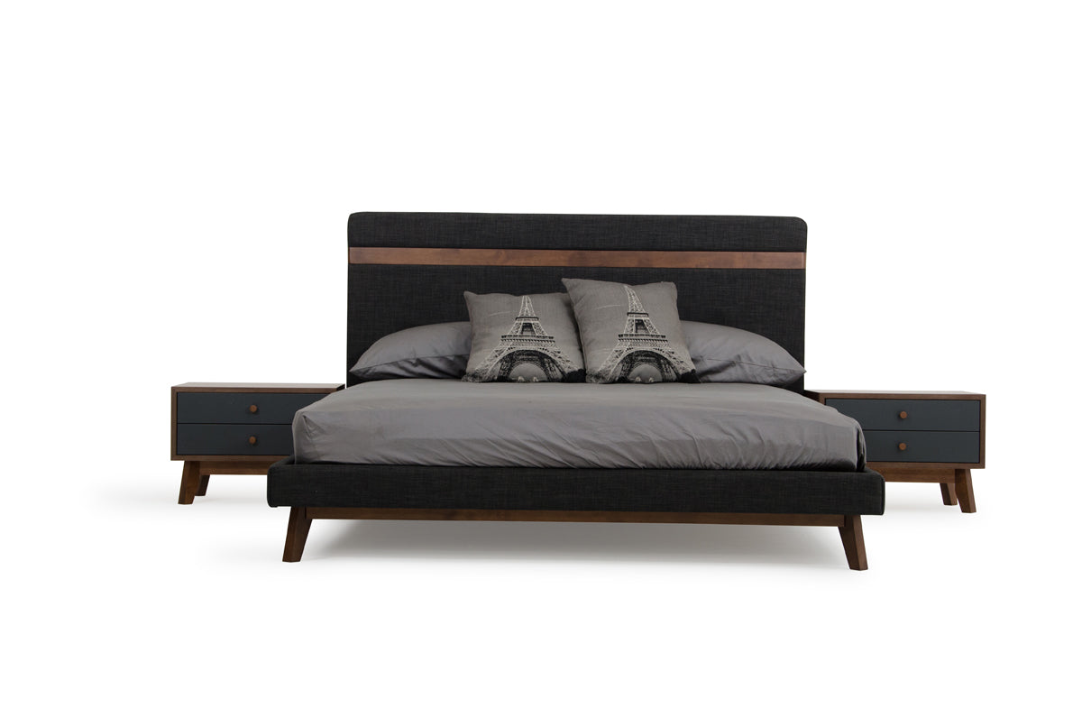 Modern Grey Fabric &amp; Walnut Queen Bed