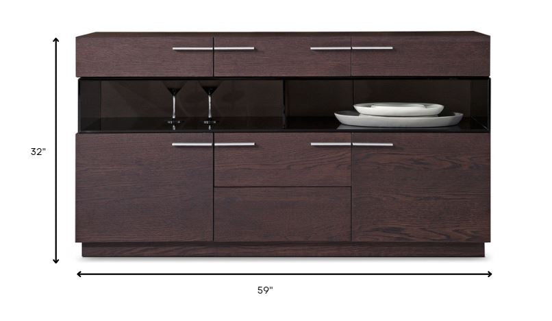 32" Brown Veneer And Glass Buffet