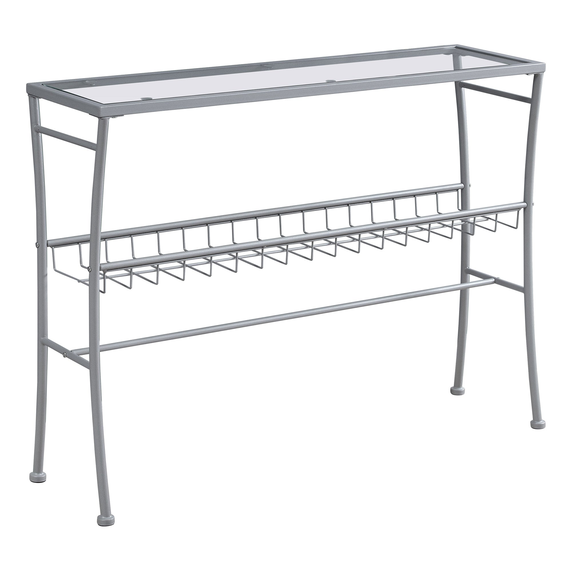 12" X 41.75" X 32" Silver Clear Metal Tempered Glass Accent Table