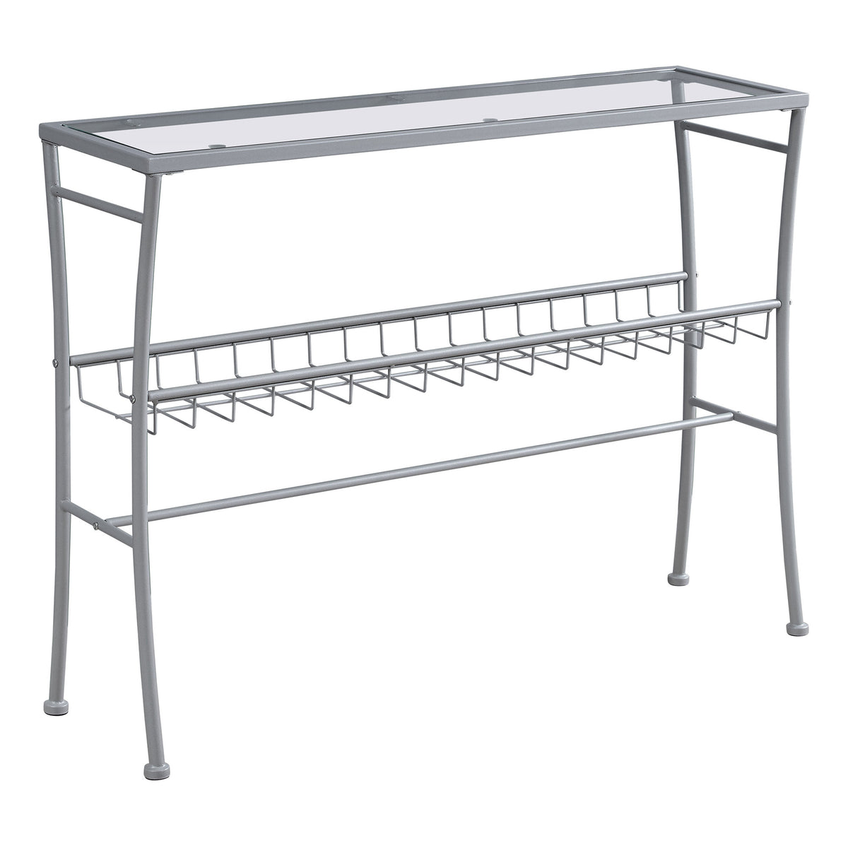 12" X 41.75" X 32" Silver Clear Metal Tempered Glass Accent Table